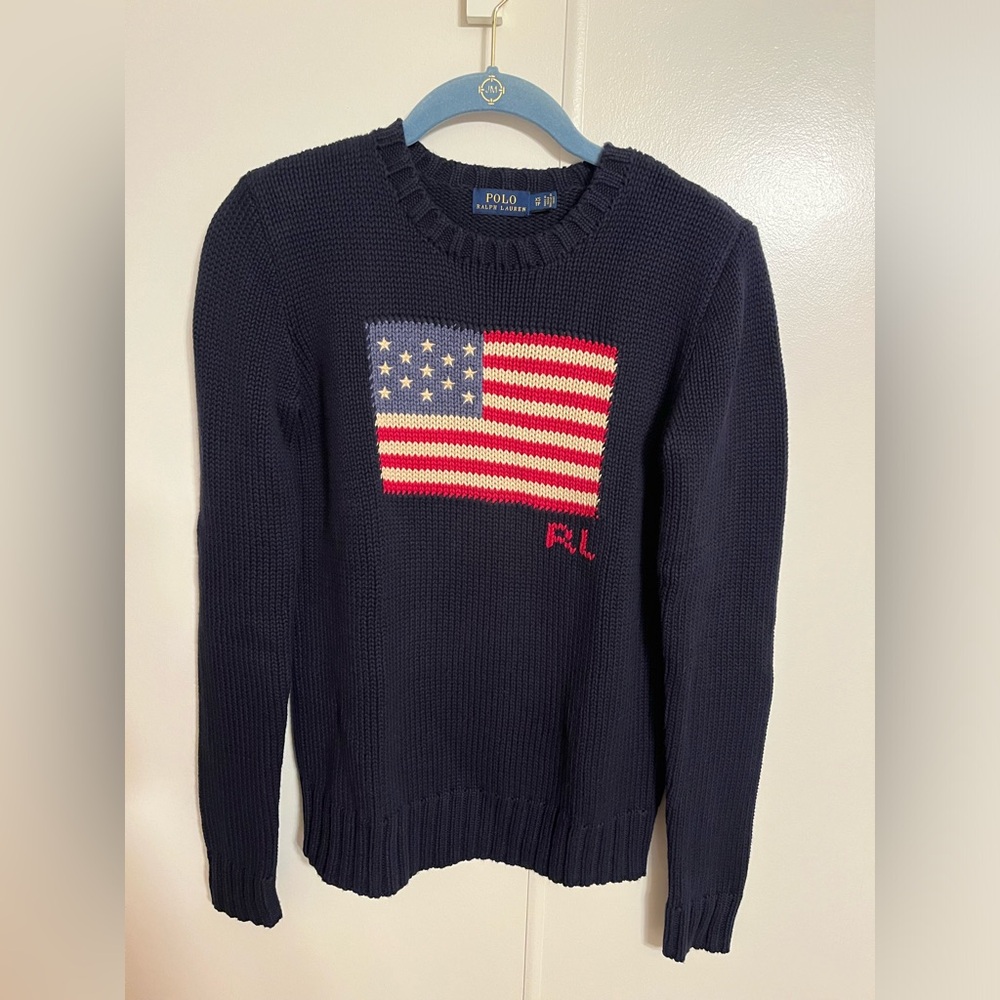 NWOT Polo Ralph Lauren American Flag Cotton Crewneck Sweater Navy XS